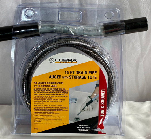 Cobra 10150 Drain Pipe Auger 1/4" × 15' Cable with Storage Tote,
