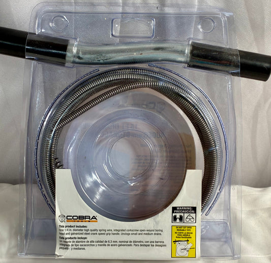 Cobra 10150 Drain Pipe Auger 1/4" × 15' Cable with Storage Tote,