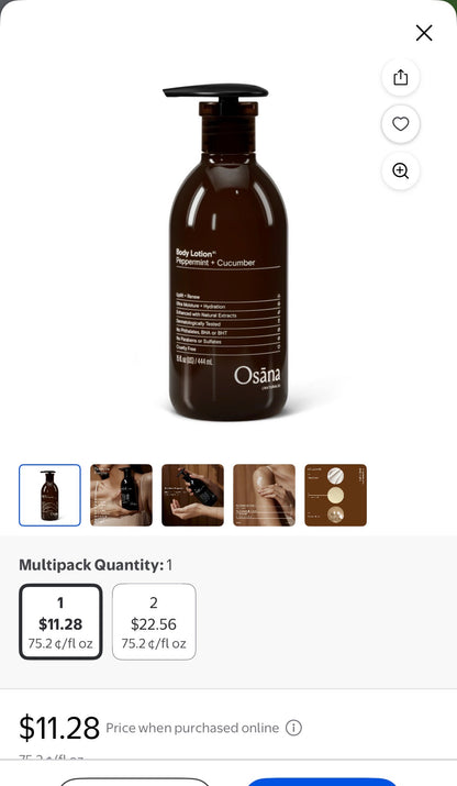 Osana Naturals Ultra Moisture + Hydration Body Lotion in Peppermint + Cucumber