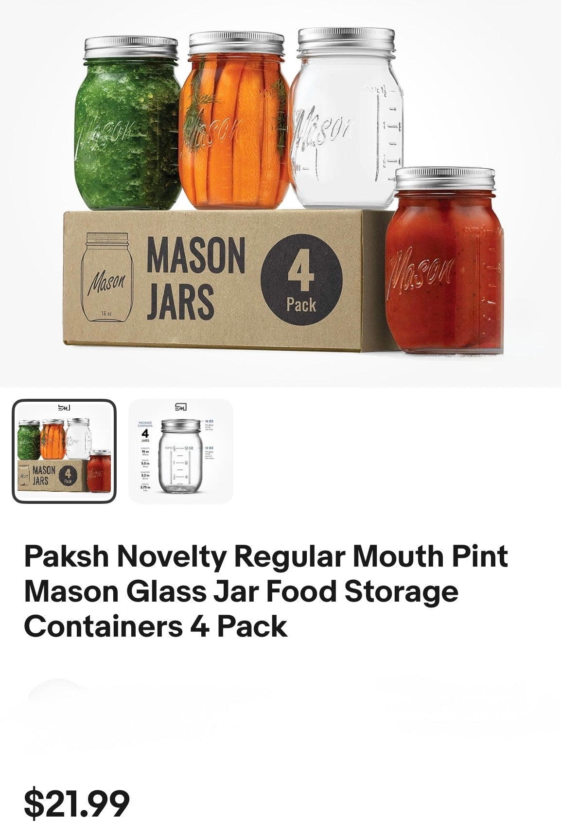Paksh Novelty Regular Mouth Pint Mason Glass Jar  4 Pack