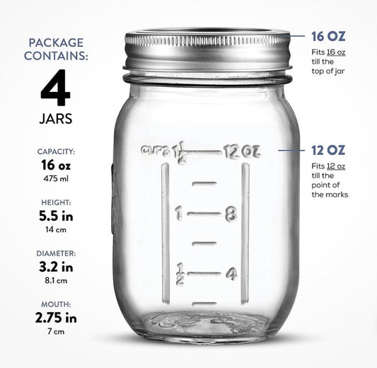 Paksh Novelty Regular Mouth Pint Mason Glass Jar  4 Pack
