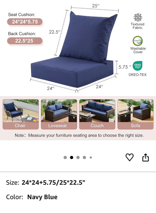 Outdoor Deep Seat Cushion , 24x24 Inch Water-Resistant & Fade-Resistant