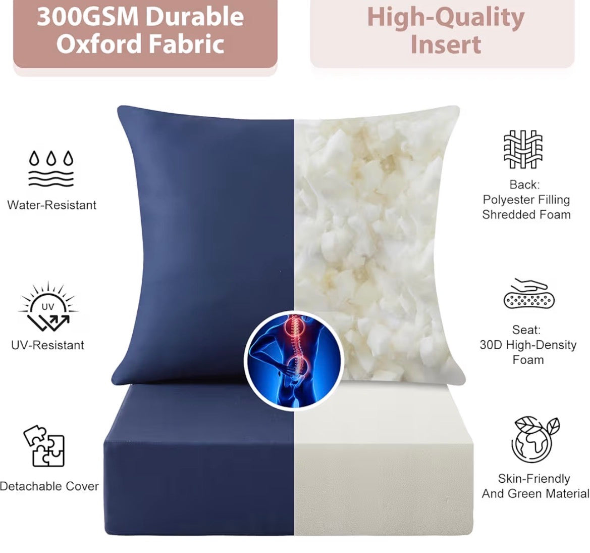 Outdoor Deep Seat Cushion , 24x24 Inch Water-Resistant & Fade-Resistant