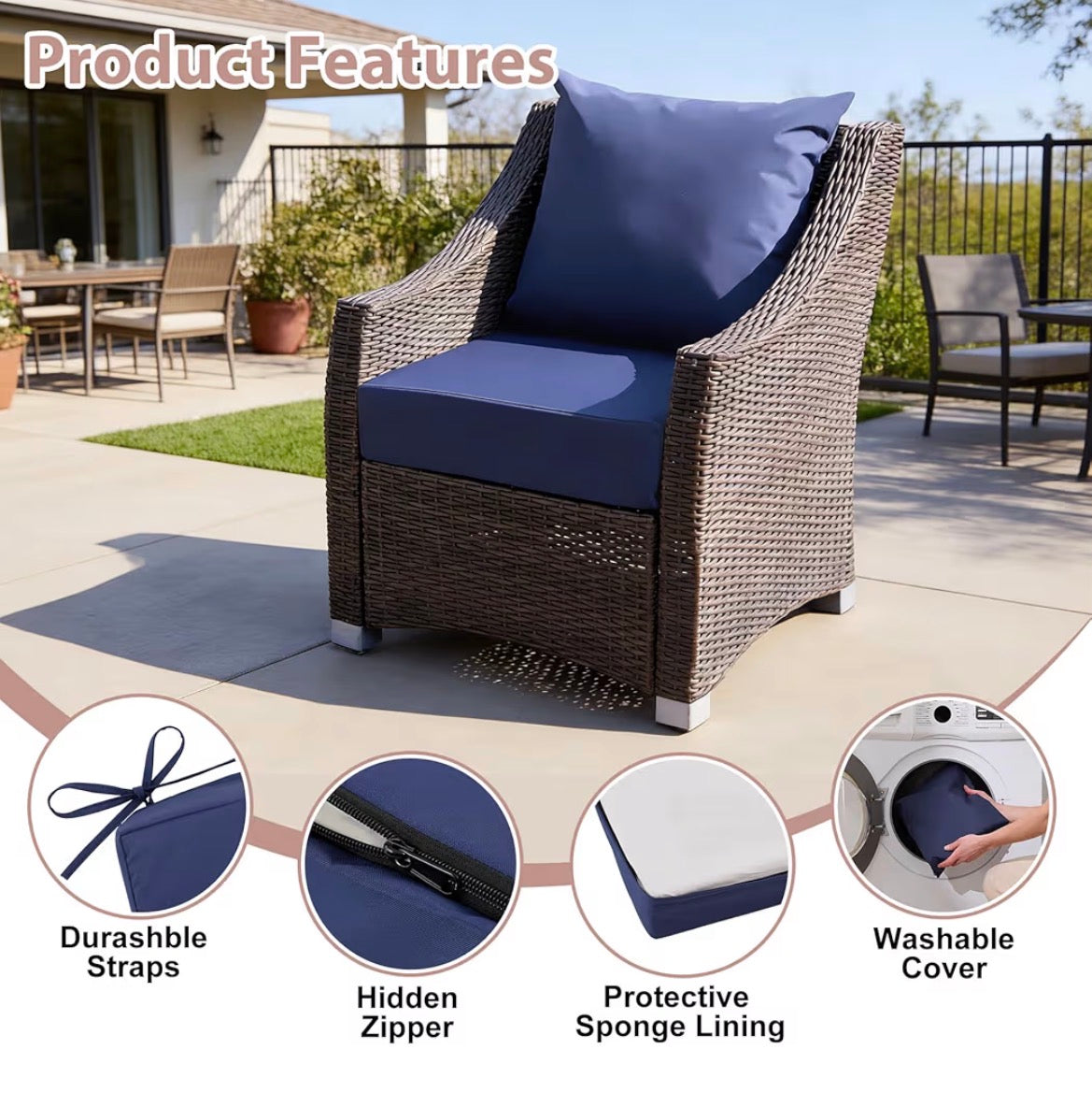 Outdoor Deep Seat Cushion , 24x24 Inch Water-Resistant & Fade-Resistant