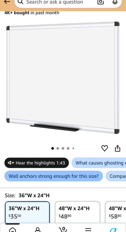VIZ-PRO Magnetic Dry Erase Board, 36 X 24 Inches,