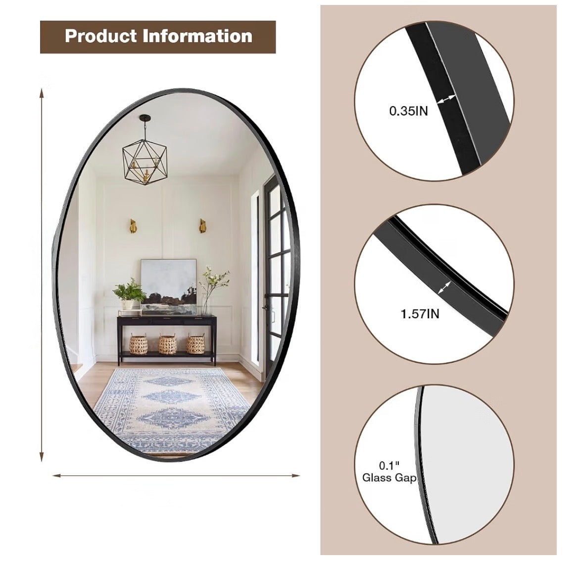 22"x30" Black Oval Mirror, Metal Framed Oval Bathroom Mirror,