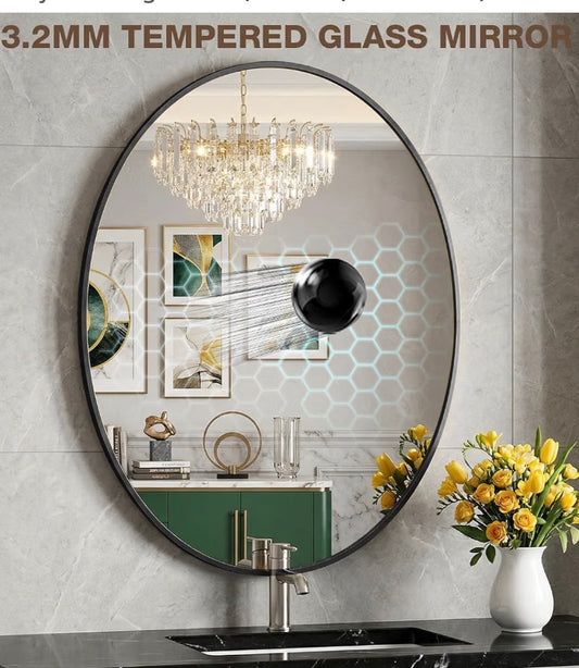 22"x30" Black Oval Mirror, Metal Framed Oval Bathroom Mirror,