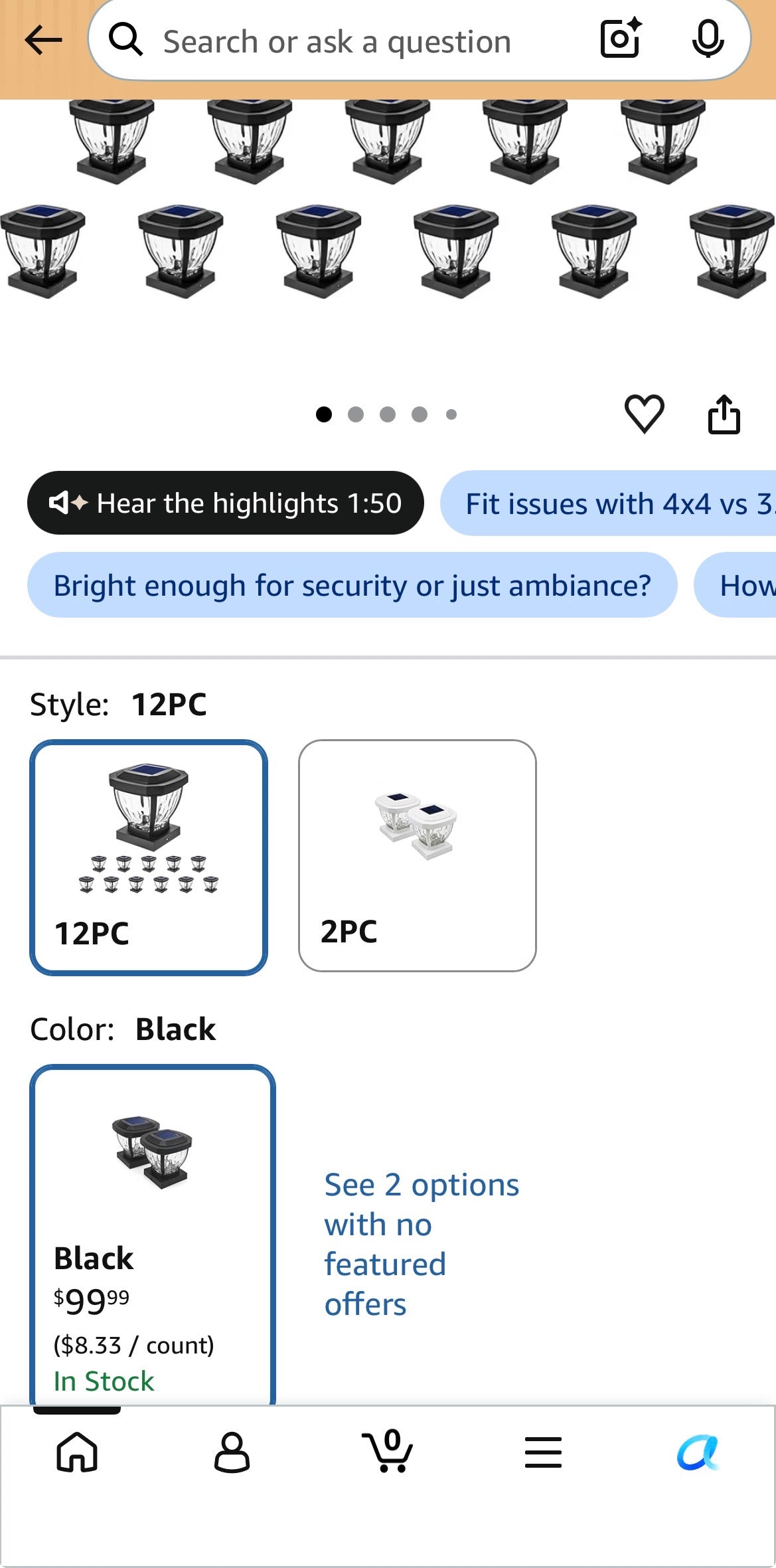 Home Zone Living 12PK Solar LED Glass Post Cap Lights,  Black,