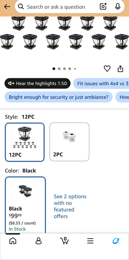 Home Zone Living 12PK Solar LED Glass Post Cap Lights,  Black,