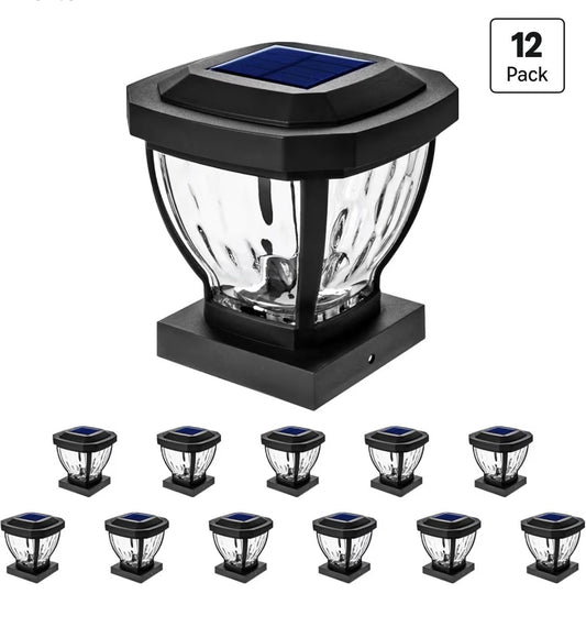 Home Zone Living 12PK Solar LED Glass Post Cap Lights,  Black,