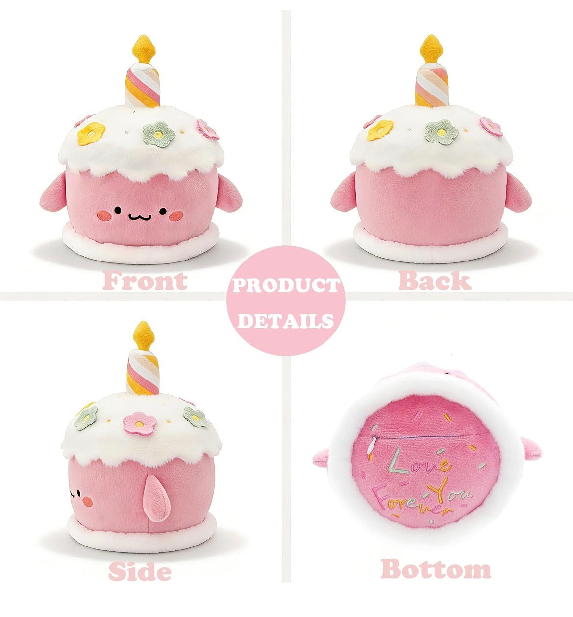 Birthday Cake Stuffed Toy  Dessert Plush with Hidden Pocket