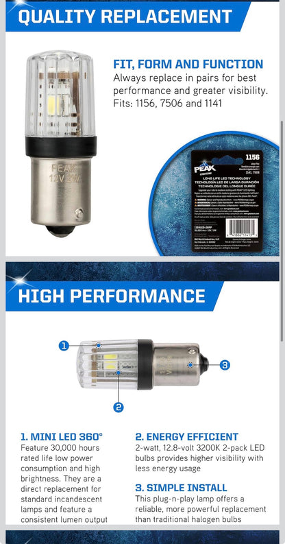 PEAK 1156LED-2BPP BRIGHT WHITE LED BULBS FOR TURN SIGNALS