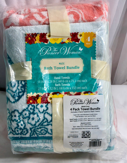 The Pioneer Woman 4 pack Towel Set - Mazie / Coral