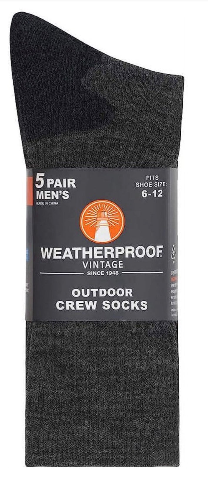 Weatherproof Vintage Men's Outdoor Wool Blend Crew Socks, 5 Pairs