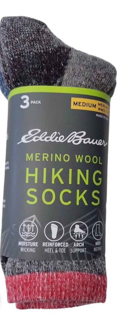 Eddie Bauer Machine Washable Moisture Wicking Merino Wool Hiking Socks, 3pk