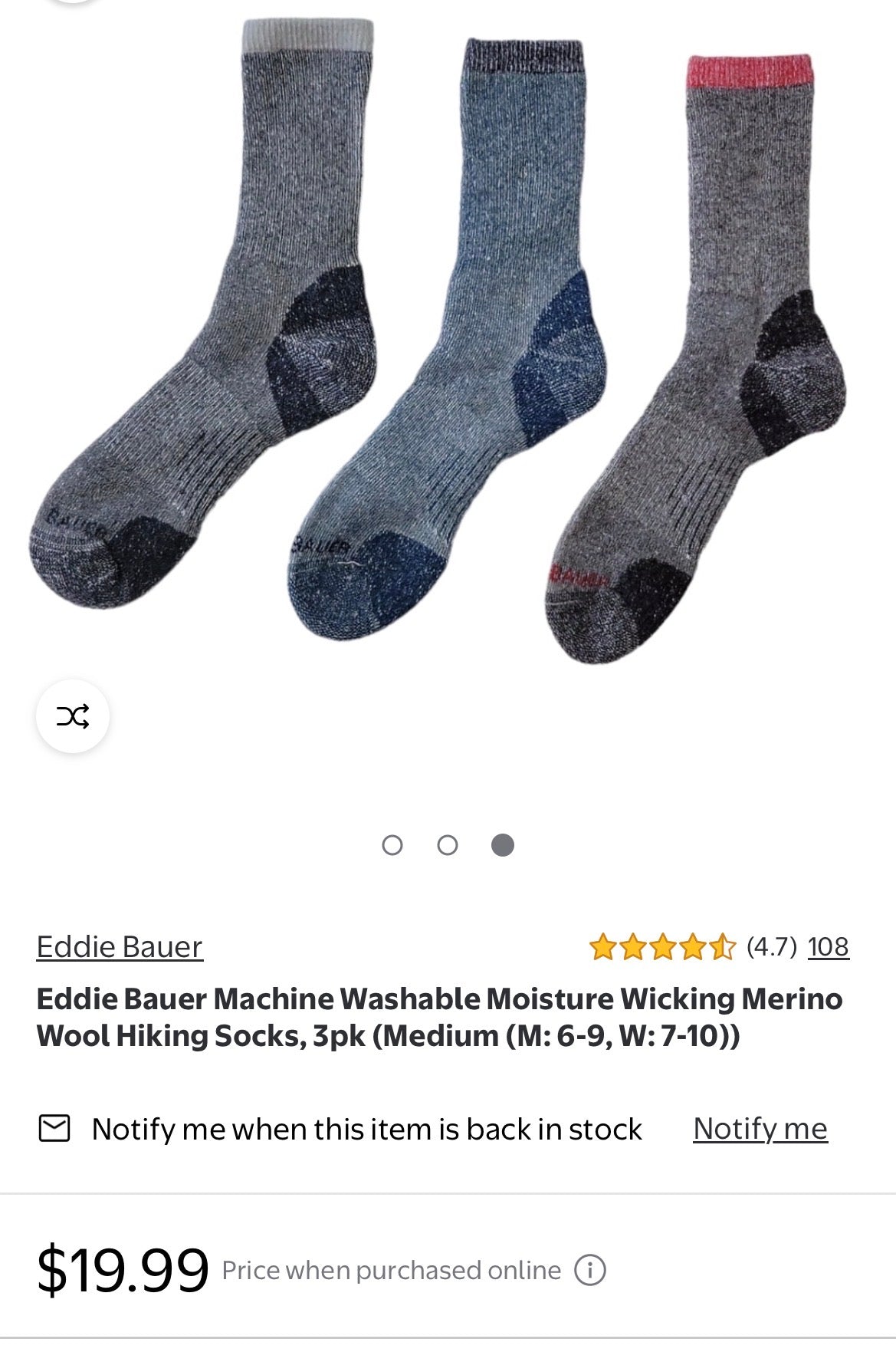 Eddie Bauer Machine Washable Moisture Wicking Merino Wool Hiking Socks, 3pk