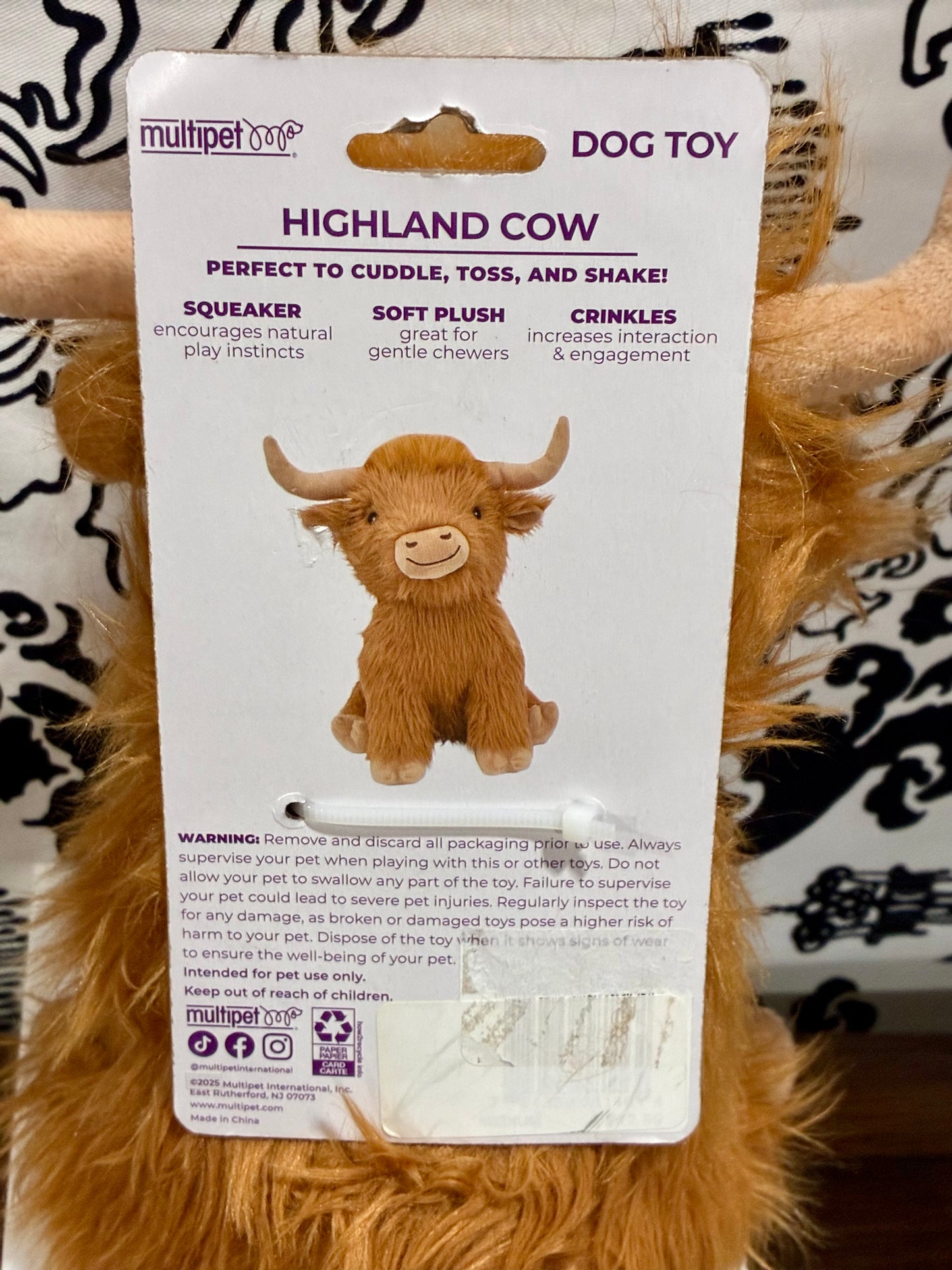 Multipet Highland Cow Shaggy Plush Dog Toy, 9-in