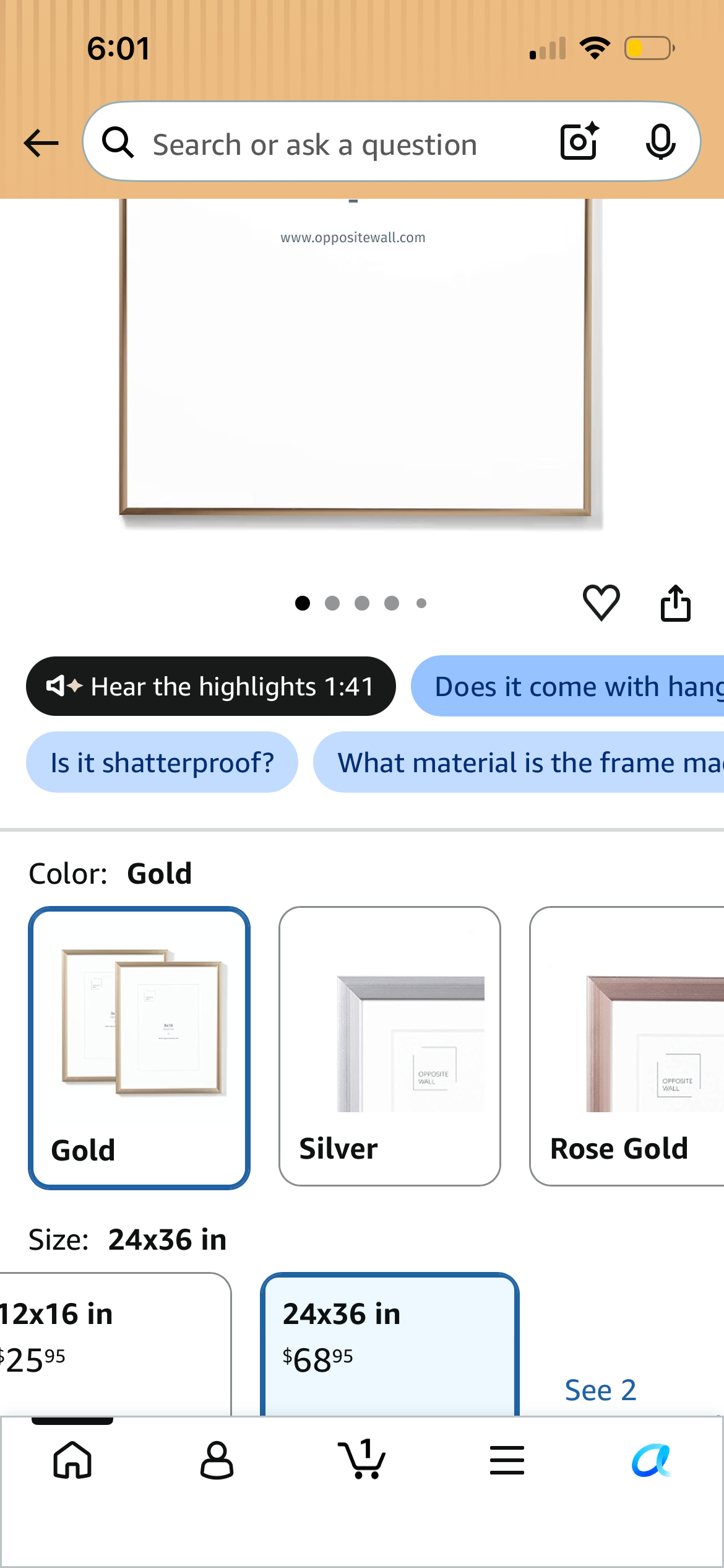 24 x 36 Gold Aluminum Picture Frame