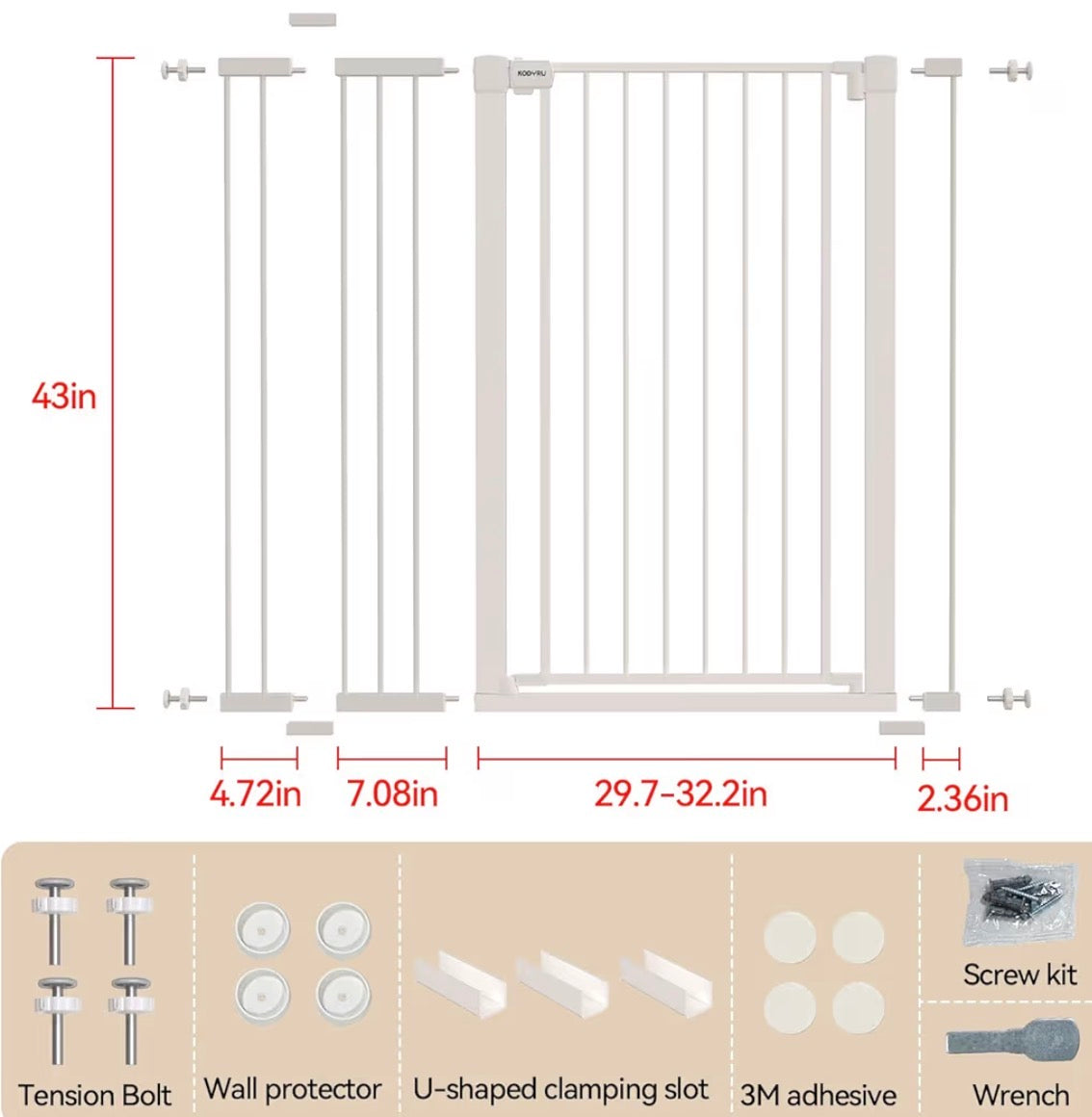 43 inch Tall Safety Dog Gate Adjustable 29.7-45.2 inch Extra-Wide Metal