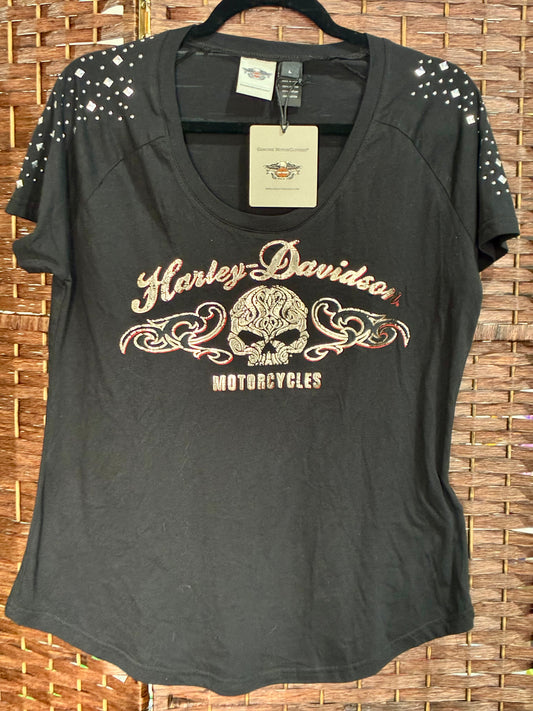 Harley Davidson Women's Black and Silver T-shirt