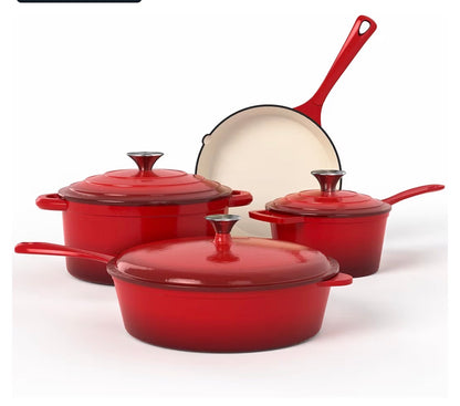 Kitchen Academy Red Enameled Cast Iron Cookware Set- 7Pcs