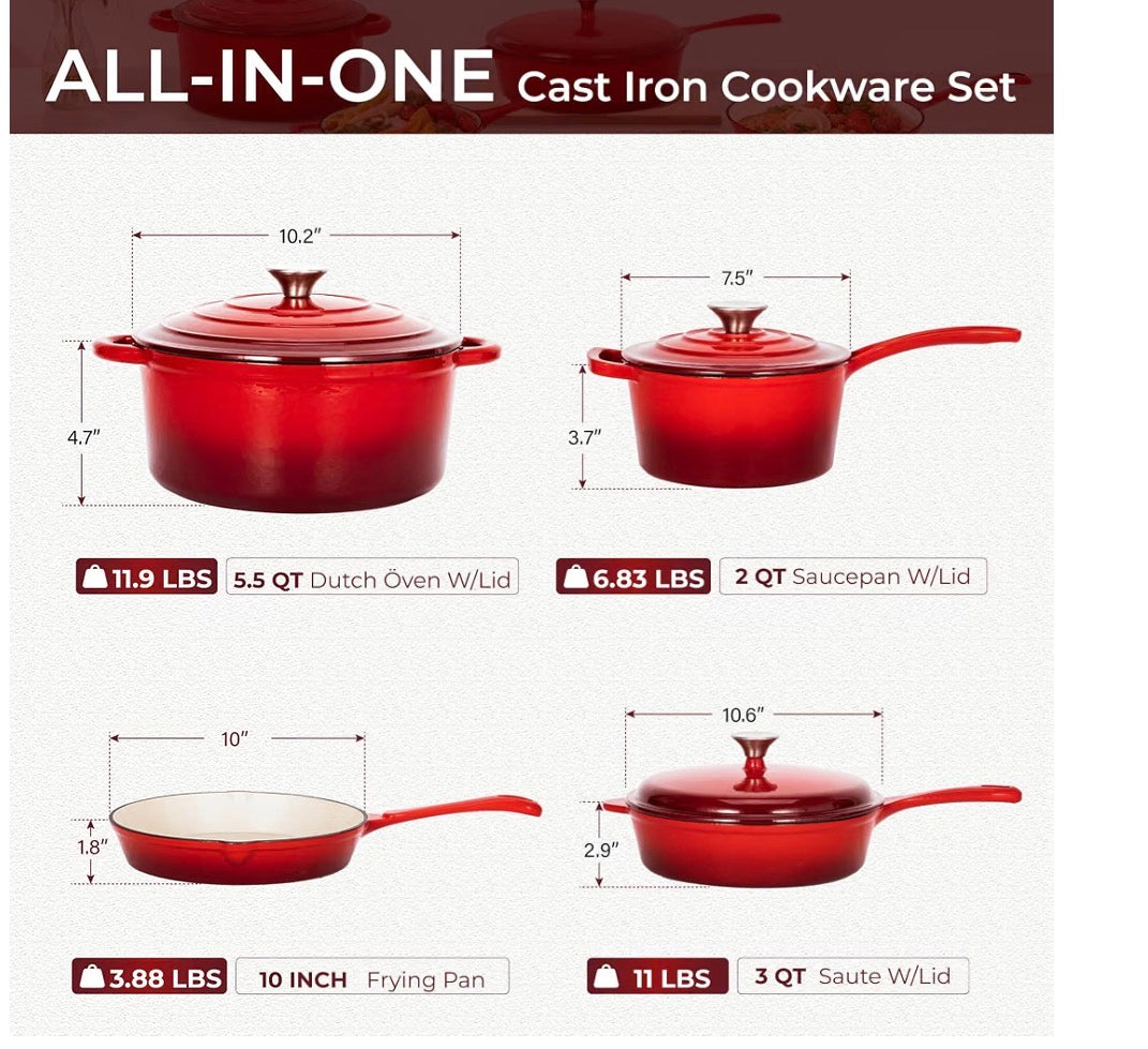 Kitchen Academy Red Enameled Cast Iron Cookware Set- 7Pcs