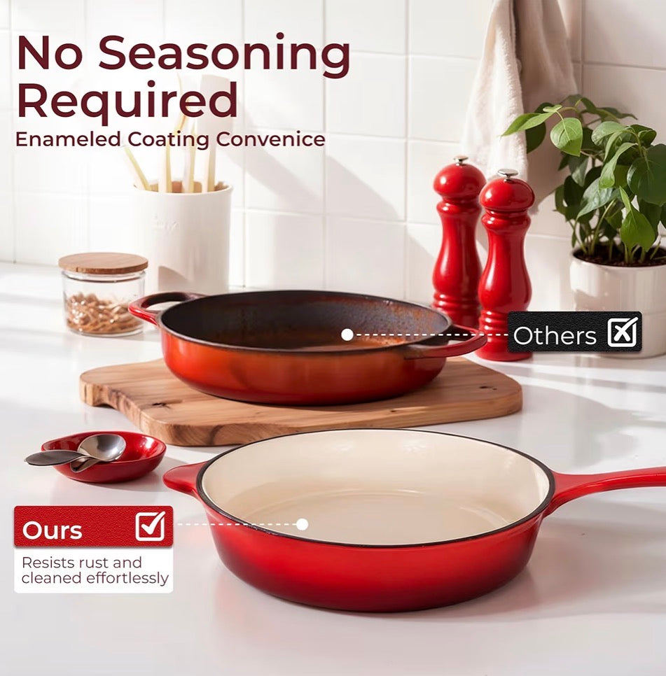 Kitchen Academy Red Enameled Cast Iron Cookware Set- 7Pcs