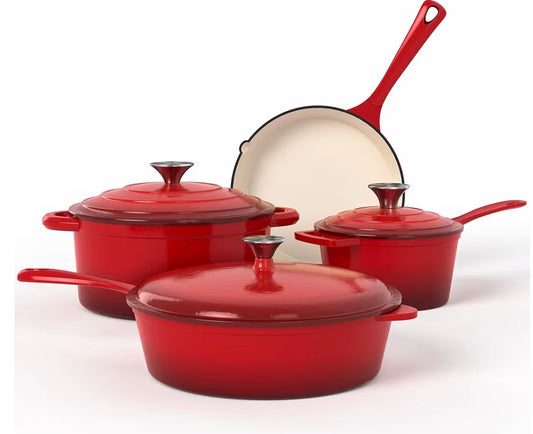 Kitchen Academy Red Enameled Cast Iron Cookware Set- 7Pcs