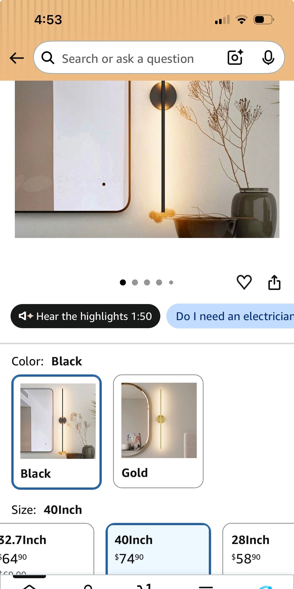 40ln Hardwired Modern Wall Sconce for Bathroom Black Vanity Light Fixture