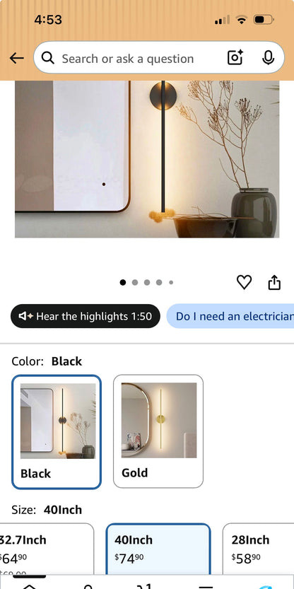 40ln Hardwired Modern Wall Sconce for Bathroom Black Vanity Light Fixture