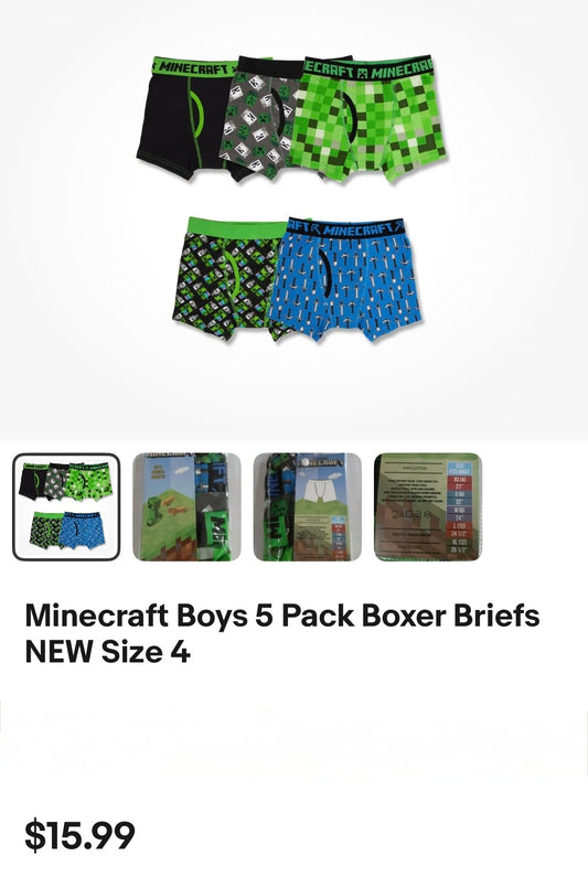 Minecraft 5-pack of boys' boxer briefs in size 4,