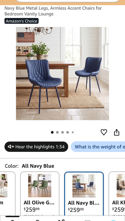 Navy Blue Dining Chairs Set of 2, Mid Century Modern Comfy