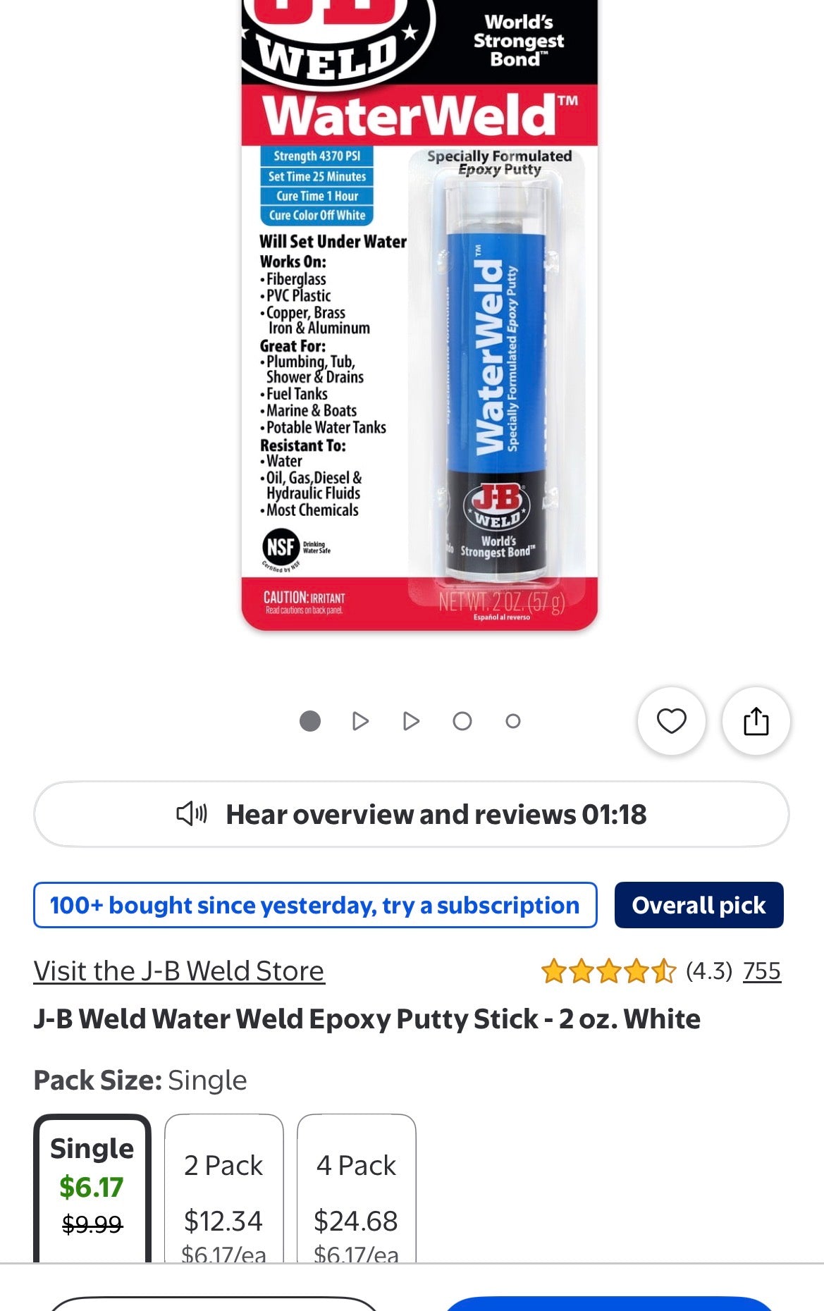 J-B Weld Water Weld Ероху Putty Stick - 2 oz. White