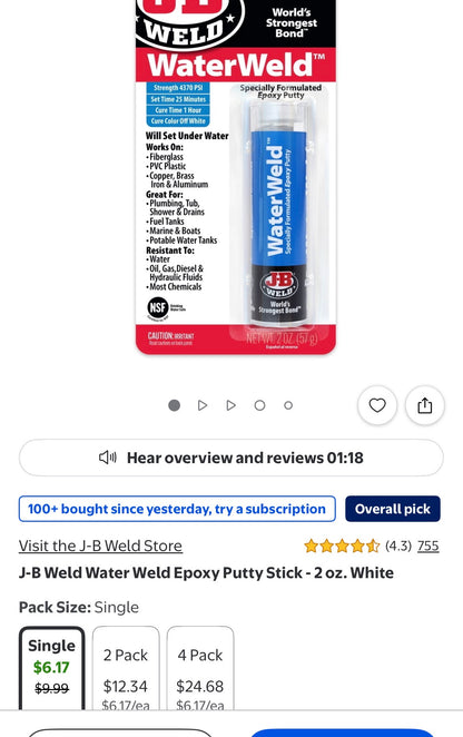 J-B Weld Water Weld Ероху Putty Stick - 2 oz. White