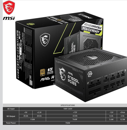 MAG A750GL PCIE5, a fully modular 750-watt gaming power supply