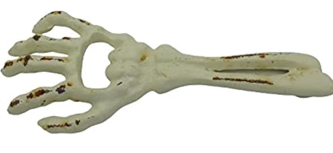 Skeleton Hand Beer Bottle Opener Hand Held Cast Iron Rusted Antique White