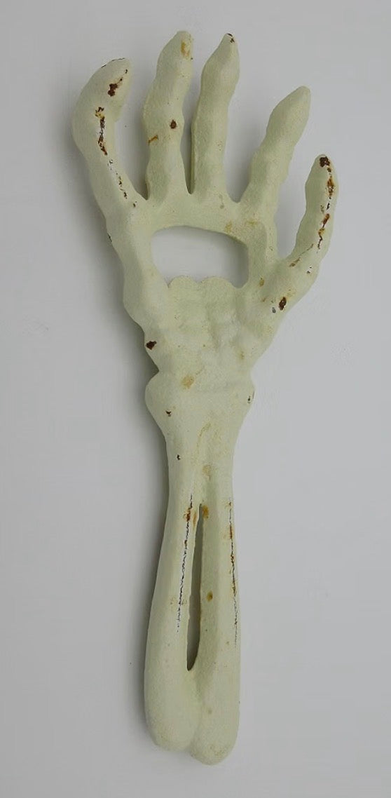 Skeleton Hand Beer Bottle Opener Hand Held Cast Iron Rusted Antique White
