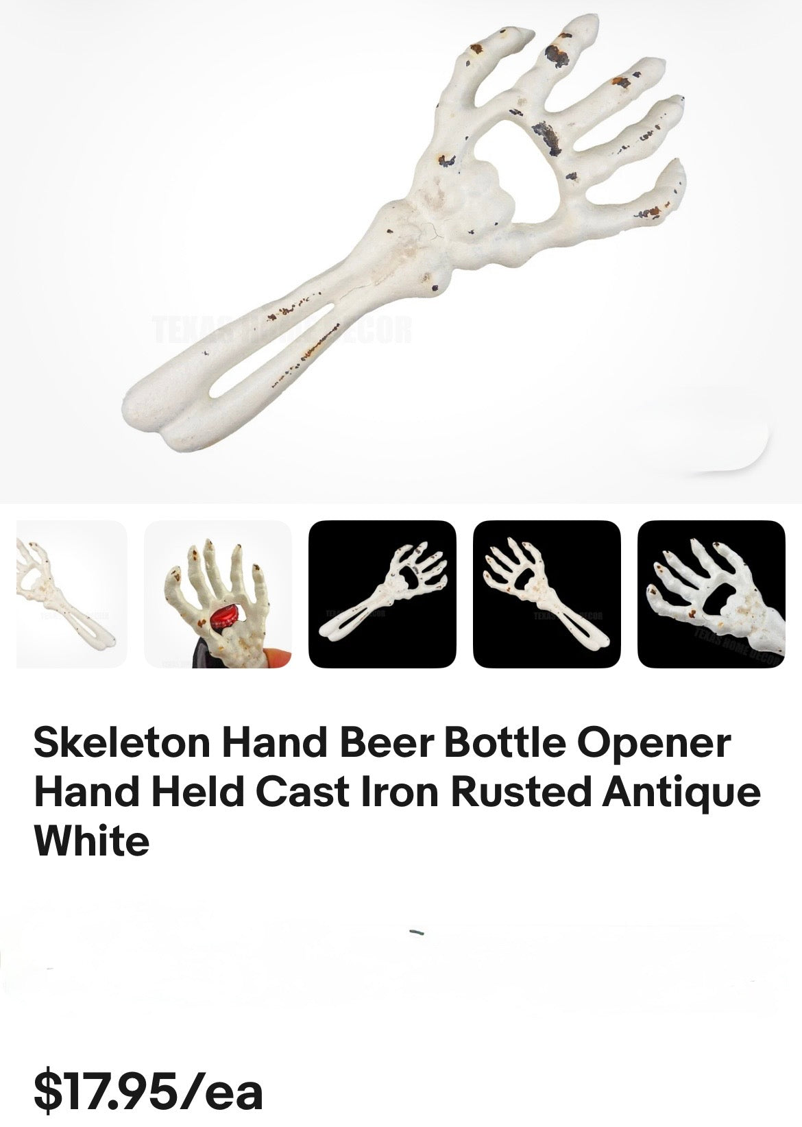 Skeleton Hand Beer Bottle Opener Hand Held Cast Iron Rusted Antique White