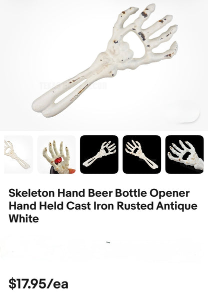 Skeleton Hand Beer Bottle Opener Hand Held Cast Iron Rusted Antique White