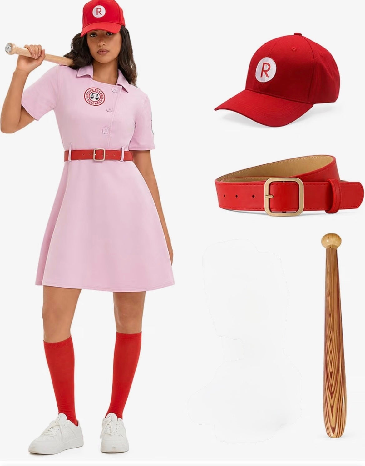Women's Baseball Costume, Pink Dress with Belt and Cap @ Bat 2XL