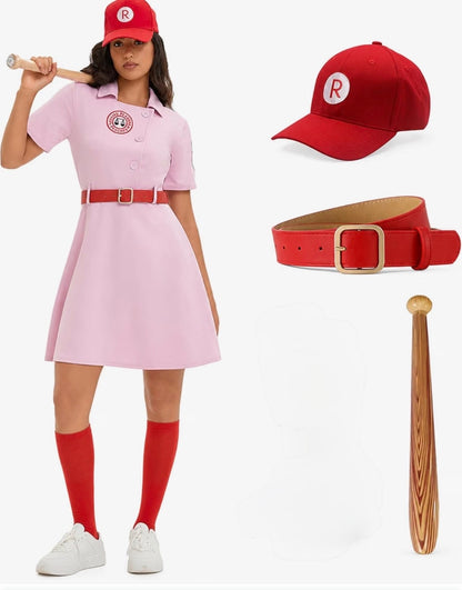 Women's Baseball Costume, Pink Dress with Belt and Cap @ Bat 2XL