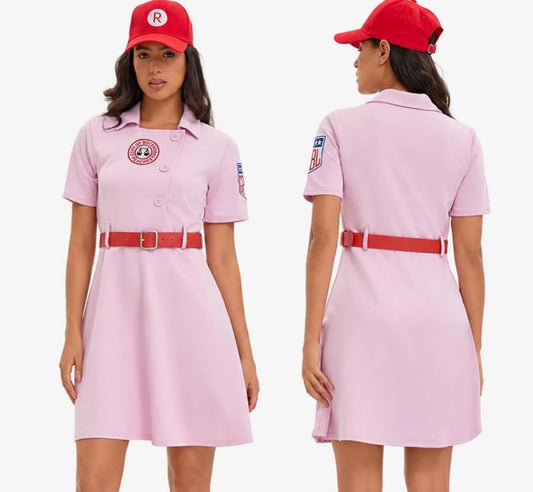 Women's Baseball Costume, Pink Dress with Belt and Cap @ Bat 2XL