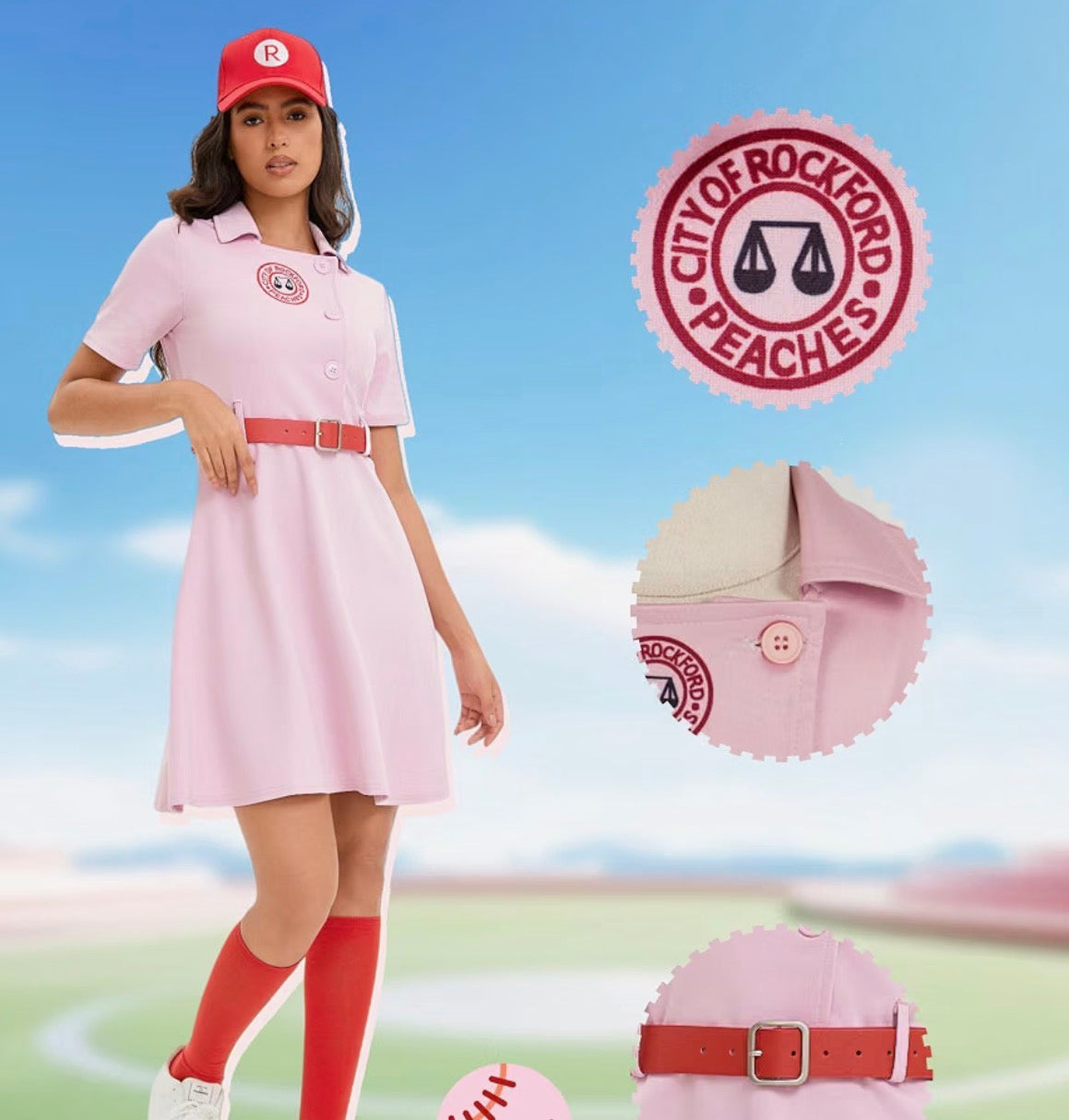 Women's Baseball Costume, Pink Dress with Belt and Cap @ Bat 2XL