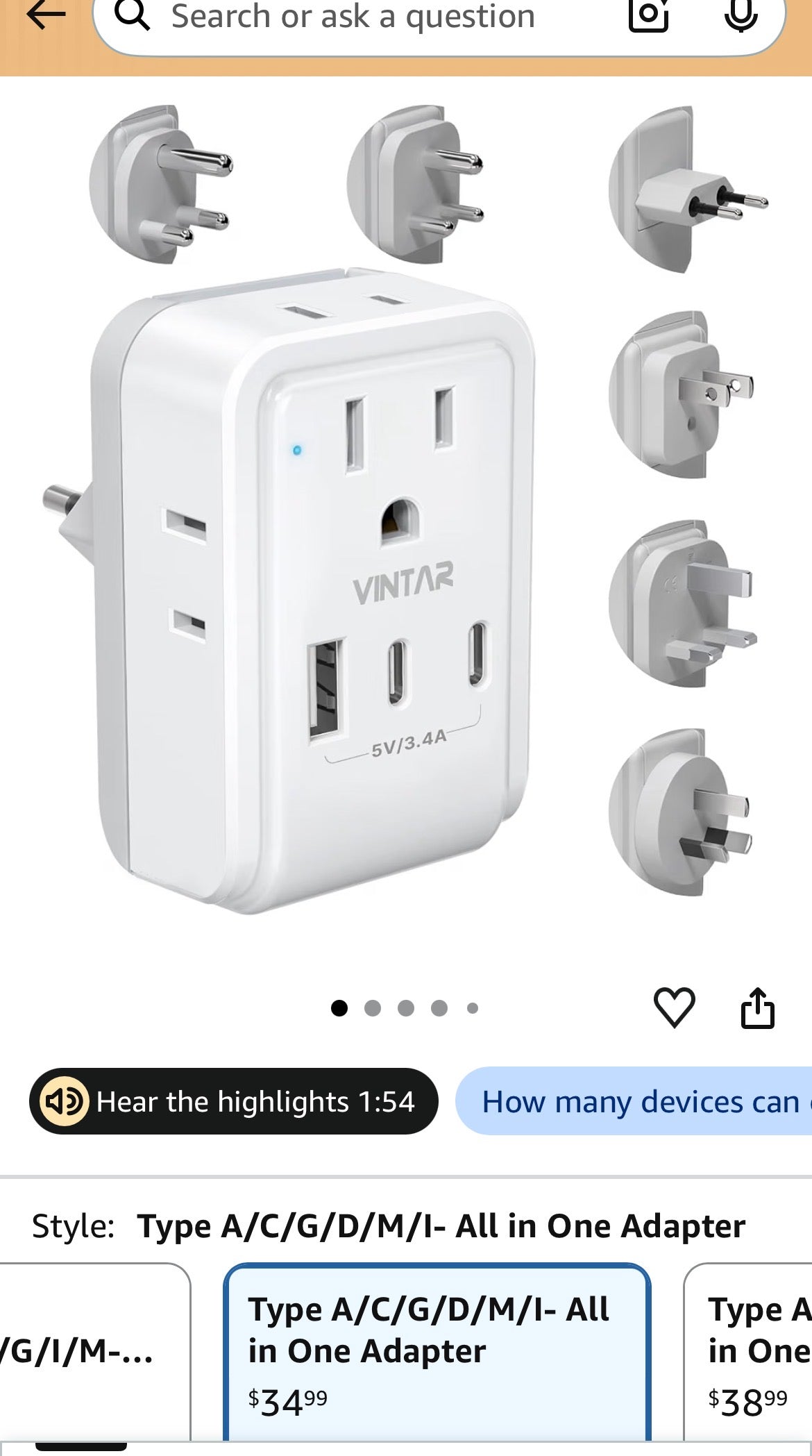 7 in 1 International Power Adapter with 4 Outlets 3 USB(2 USB-C)