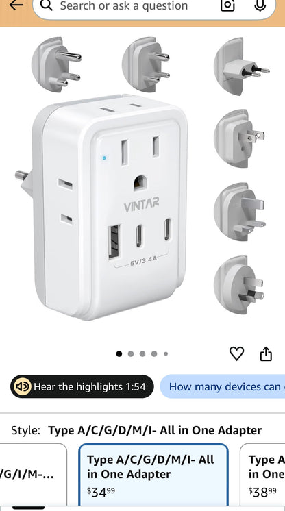 7 in 1 International Power Adapter with 4 Outlets 3 USB(2 USB-C)