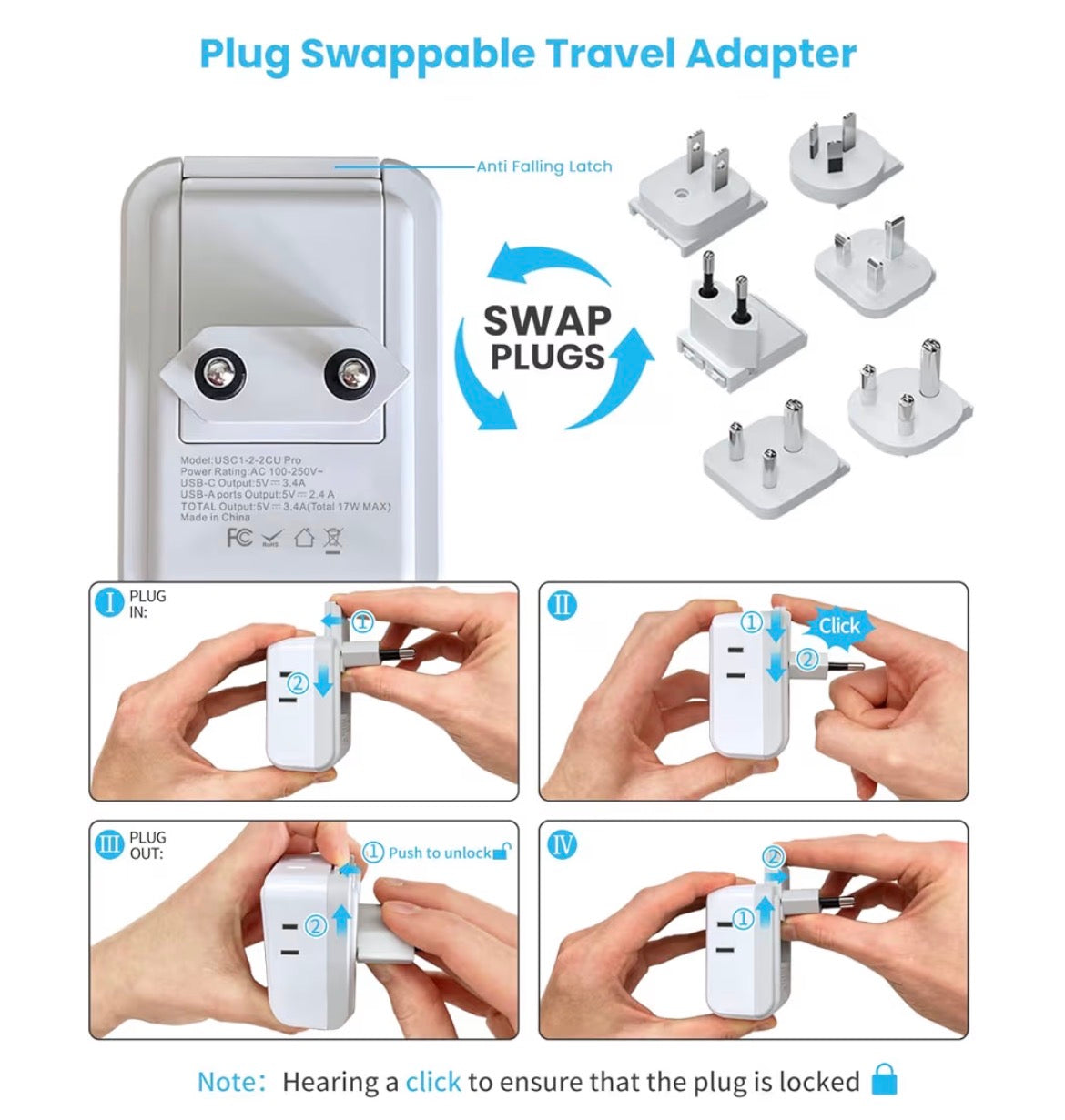 7 in 1 International Power Adapter with 4 Outlets 3 USB(2 USB-C)