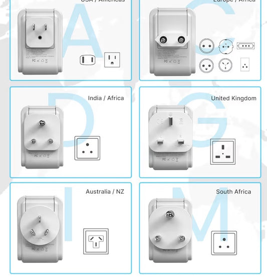 7 in 1 International Power Adapter with 4 Outlets 3 USB(2 USB-C)