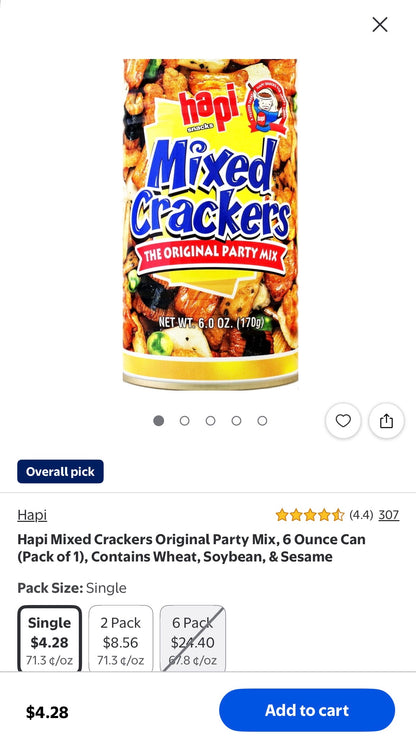 Hapi Mixed Crackers Original Party Mix, 6 Ounce Can