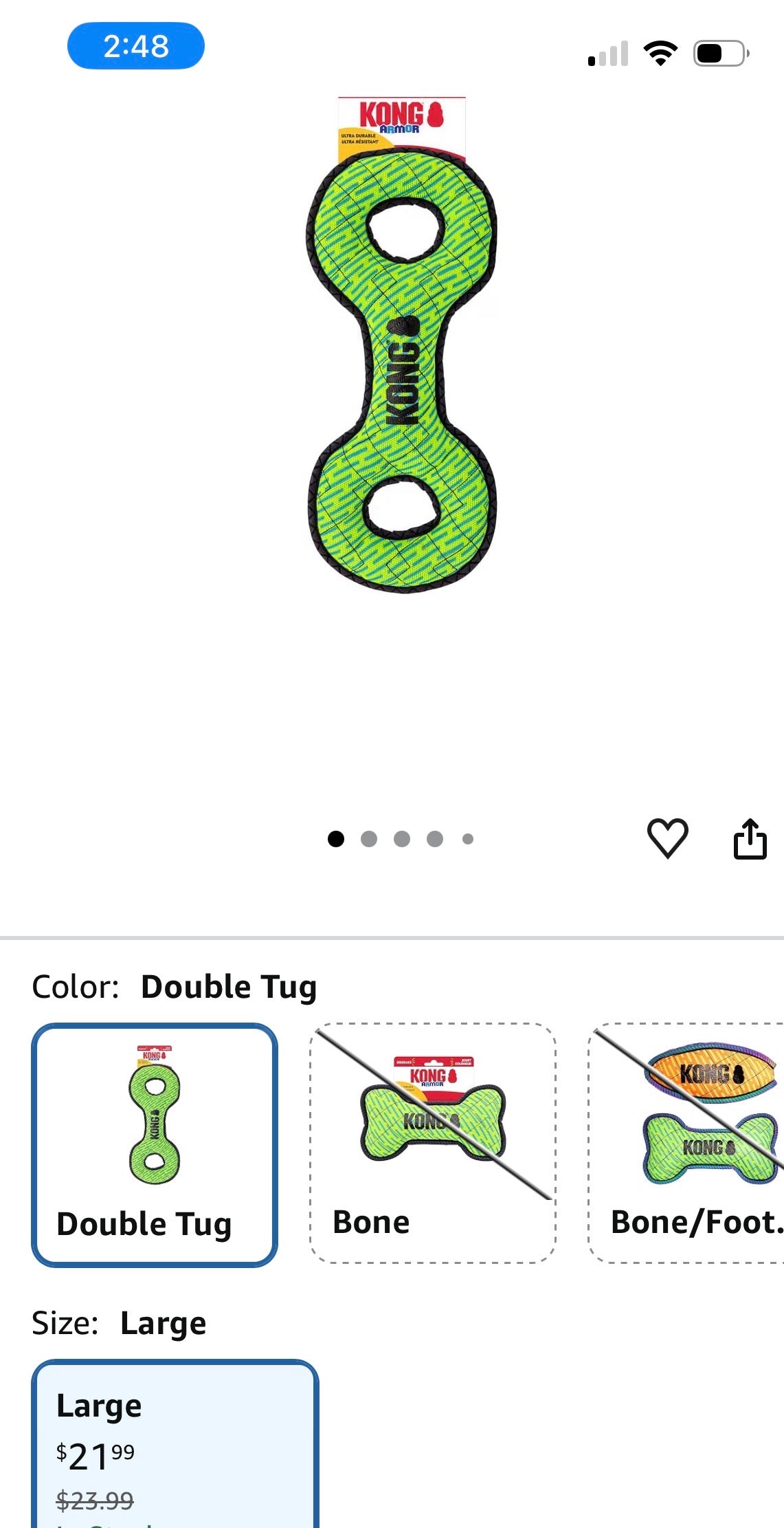 KONG Armor Double Tug Plush Dog Toy in green.