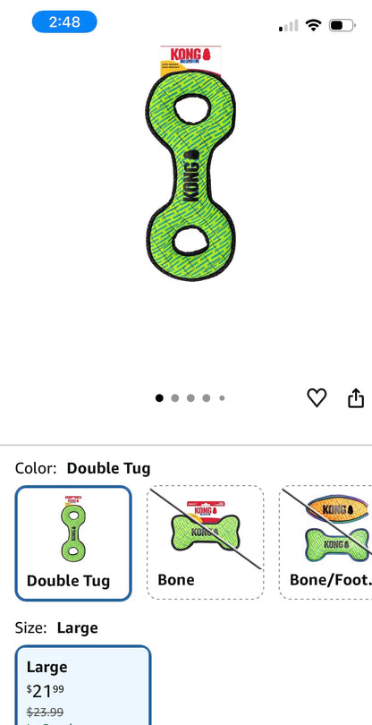 KONG Armor Double Tug Plush Dog Toy in green.